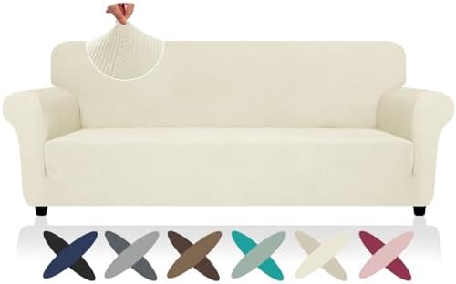 ZNSAYOTX Oversized Super Stretch Couch Cover (92"-115"), New Striped Sofa Covers Comfortable & Durable, Dog Cat Pets Friendly Extra Large Spandex Sofa Slipcovers (Beige, XL Sofa)