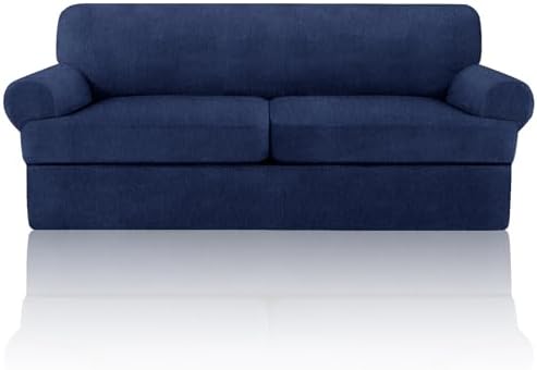 3 Pieces Sofa Covers fot T Cushion Loveseat Slipcover, Sofa Stretch Slip Covers for 2 Cushion Couch with 2 Individual T Shape Seat Covers (Navy, 2 Cushion)