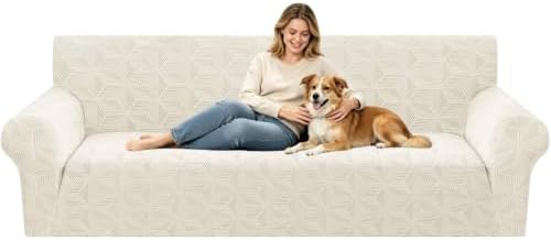 ZNSAYOTX Stretch Couch Cover, 1 Piece Oversized Sofa Covers for 3 Cushion Couch, Jacquard Sofa Slipcovers with Elastic Bottom Thickened Furniture Protector for Dog Cat Pet (X-Large, Beige)
