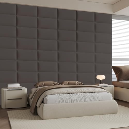 Gray Stick-On Wall Mounted Upholstered Headboard - 9-Piece Padded Bed Backboard for King and Queen Size Beds, 24 x 12 Inches Each, Easy-to-Install Sound-Proofing Decorative Bed Headboard