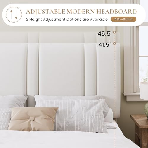 SHA CERLIN King Size Velvet Bed Frame with Adjustable Headboard, White
