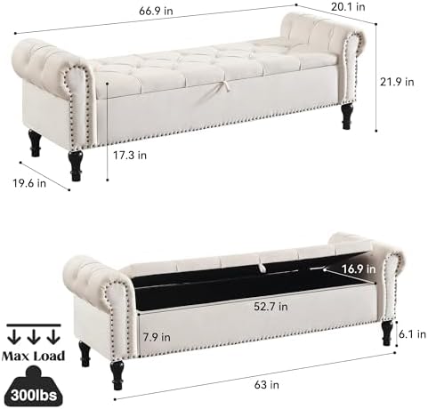 Storage Bed Bench for Bedroom, Velvet 67" End of Bed Benches, King Size Bench with Armrest, Tufted Button Upholstered Ottoman Bench for Living Room, Entryway, Cream White