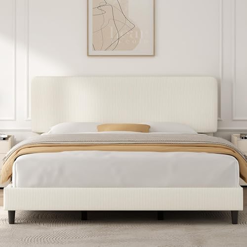 Yaheetech King Bed Frame, Adjustable Chenille Upholstered Headboard, Beige