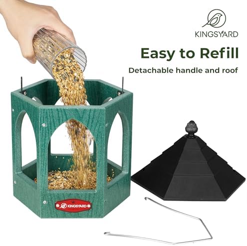 Kingsyard Platform Bird Feeder for Outdoor Hanging - Gazebo Style Recycled Plastic Wild Bird Feeding Station with Rain-Proof Roof & Metal Mesh Tray. Green