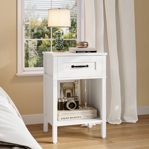 White Farmhouse Nightstand with Drawer, Small Wooden Bedside Table, White Marden End Table, Bedroom Side Table with Storage, Wooden Night Stand LET512WW