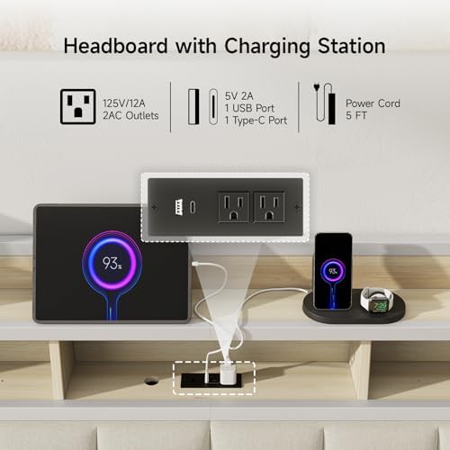 Full Headboard Only with Storage, Charging Station, Off White