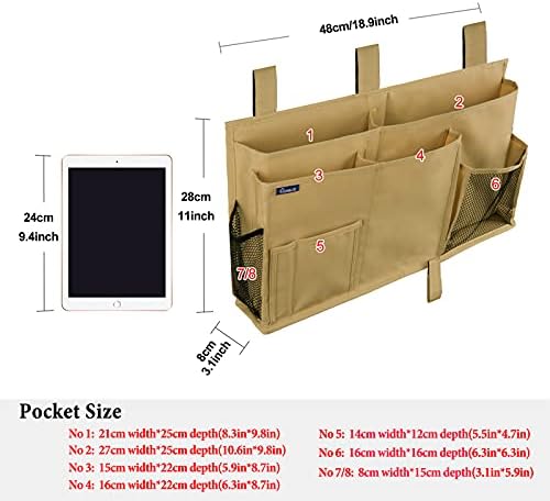 Surblue Bedside Caddy Hanging Bed Organizer Storage Bag Pocket for Bunk and Hospital Beds, College Dorm Rooms Baby Bed Rails,Camp 8 Pockets (Khaki)
