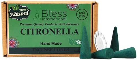 Bless International Citronella 100%-Natural-Incense-Cones Handmade-Hand-Dipped Organic-Chemicals-Free for-Purification-Relaxation-Positivity-Yoga-Meditation The-Best-scents (20 Count)