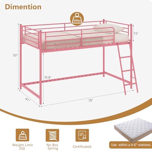 JOYMOR Low Loft Bed with Inclined Ladder, Metal Twin Size Bed Frame with 15” High Guardrail for Boys Girls, Junior, Space Saving, Mattress Not Included (Pink)