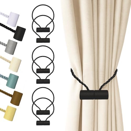 Hion Magnetic Curtain Tiebacks Black 6pcs, Curtain Holdbacks Hooks Holders