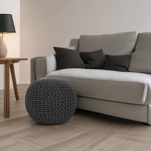 · REDEARTH · Round Ottoman - Hand Knitted Boho Poof Footrest - Dark Gray