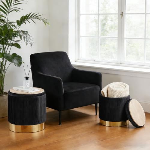 Round Ottoman with Storage Set of 2 Black Vanity Stool Foot Rest