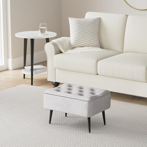 BIRDROCK HOME Rectangle Tufted Velvet Ottoman Foot Rest - 21.5x14x16.5” Small Foot Stool with Legs - Upholstered Padded Footrest Modern Ottomans for Living Room Furniture, Bedroom Footstool (Grey)