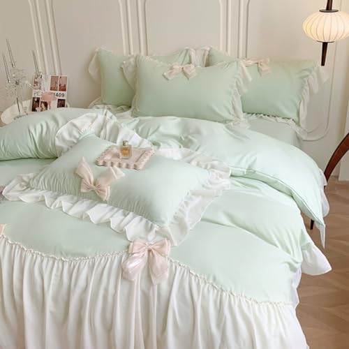 SOUKECHY Girls Lace Bedding, Queen Comforter Cover Set, Chic Ruffled Duvet Cover with Lovely Bow,Princess Style 1 Duvet Cover with 2 Pillowcases, No Comforter-Green,Queen Size
