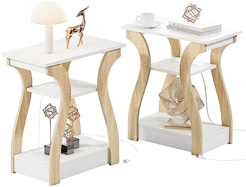 FROMJBEST End Tables Living Room Set of 2 with Charging Station, White&Oak