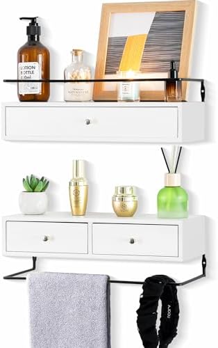 Floating Shelves With Drawers Set of 2, Wall Mounted Storage for Bathroom