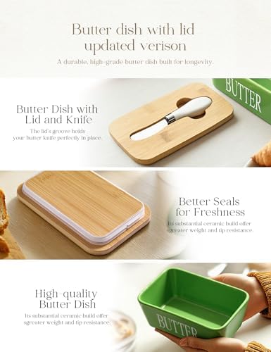 Ceramic Butter Dish with Lid and Knife & Silicone Seal for Countertop Green