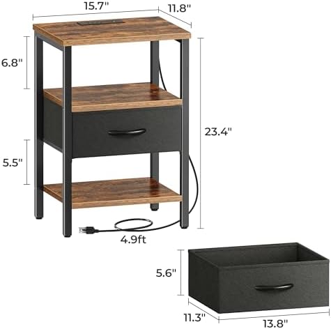 SUPERJARE Nightstand Set of 2 with Charging Station, USB-C Port, End Tables