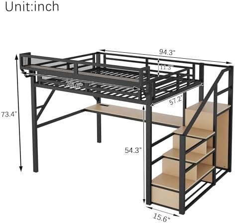 KEIKI Full Size Metal Loft Bed Frame with Desk, Staircase, Built-in Storage Shelves and Wardrobe, Modern Loft Bed with Solid Slats, Guardrail, No Box Spring Required, Easy Assembly, for Bedroom, Black