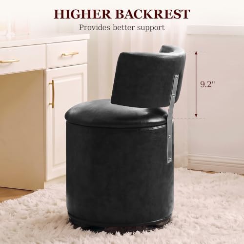 Swivel Vanity Chair with Storage, Faux Leather Makeup Stool with Higher Back for Living Room, Bedroom, Dressing, Black