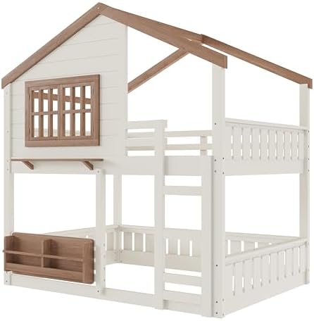 Full Over Full Size House Bunk Bed with Storage Bookshelf, Beige