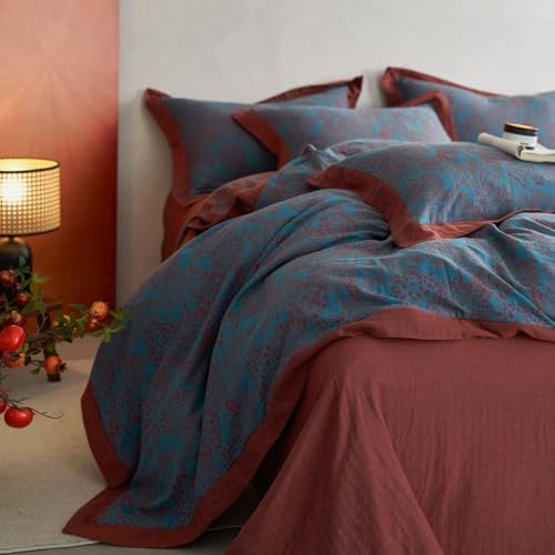 Blue Red Duvet Cover Queen,3 Pieces Retro Jacquard Forest Theme Tree Leaves Bedding Set,Linen Cotton Yarn-Dyed Textured Duvet Cover with Zipper Closure