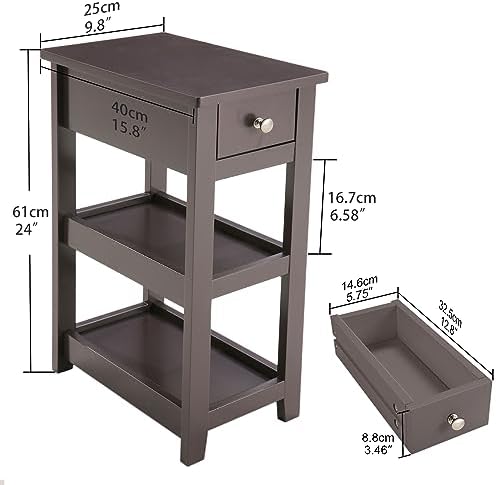 SEJOV Narrow Side Table, Small Brown End Table with Drawer and 2 Shelves