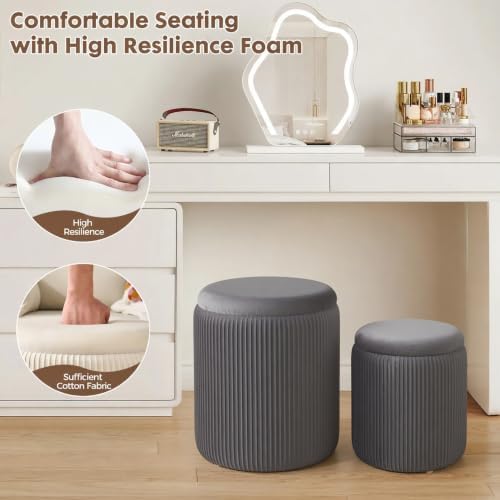 YYW HOME Round Ottoman with Storage Set of 2, Gray Vanity Stool Foot Rest