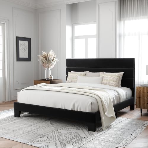 Allewie Cal King Size Platform Bed Frame with Velvet Upholstered Headboard