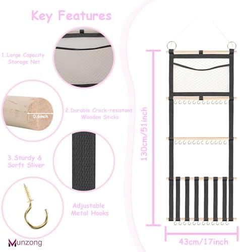 Munzong Headband Holder 52x17 inch, Black Bow Holder for Baby Girls,4 Tier Large Capacity Wall Hanging Headband Shelf w/Mesh Bag,Nursery Hair Accessories Organizer Display Rack for Toddler Kids Women