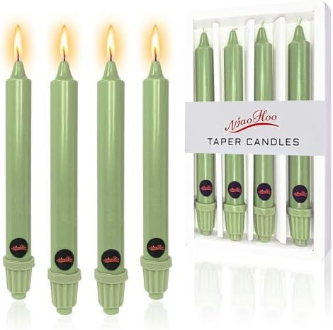 NJAO HOO Light Green Candlesticks 8 Inch Unscented Taper Candle Dripless Handmade Colored Candles for Home Decor Dinner Table Kitchen and Bedroom, 4 Pack