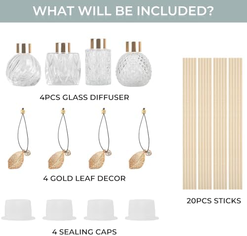4-Piece Reed Diffuser Set with Metal Golden Decoration, 3.5-4.2oz Empty Bottles and 20 Reed Sticks, Unique Design for Home and Office (4 Different Bottles)