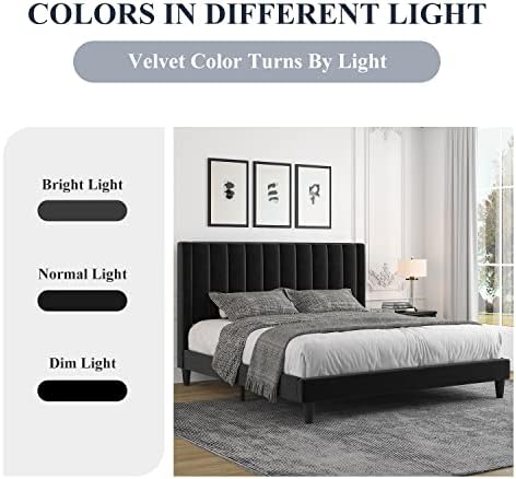 Allewie Queen Bed Frame/Velvet Upholstered Bed Frame with Vertical Channel Tufted Headboard/Strong Wooden Slats/Platform Bed Frame/Mattress Foundation/Box Spring Optional/Easy Assembly/Black