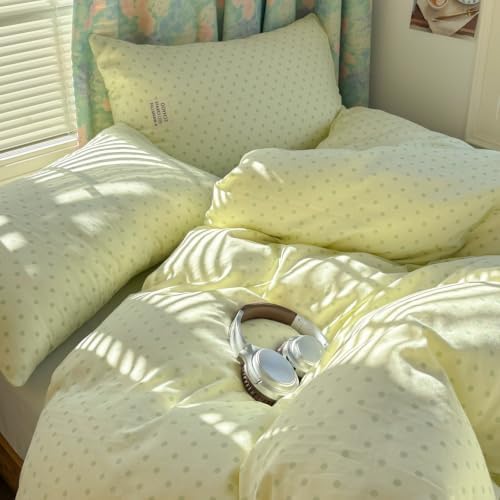 Green Polka Dot Duvet Cover Twin Size 3 Pcs,Muslin Bedding 68"×86"