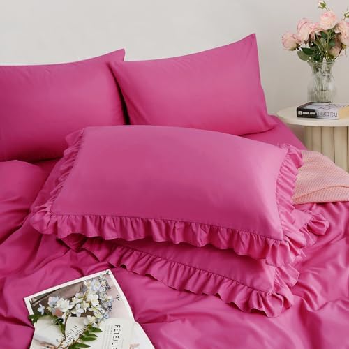 Horbaunal 5 Pcs Hot Pink Ruffle Duvet Cover Queen Size Soft Microfiber Shabby Chic Ruffled Duvet Cover Set, Vintage French Country Ruffle Bedding Set with Zipper Closure & Corner Ties, 90" x 90"