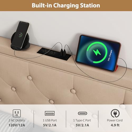 GIANTEX Headboard with Charging Station, Queen/Full Size Diamond Tufted Upholstered Head Board w/2 AC Outlets, USB & Type-C Port, Rubber Wood Legs, Width Adjustable Modern Bed Headboard Only (Beige)