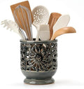 Farmhouse Kitchen Utensil Holder for Countertop, Ceramic Large Cooking Utensil Crock with Cork Mat, Decorative Rustic Utensil Holder for Kitchen Counter, Hollow Carving Flower, Gray