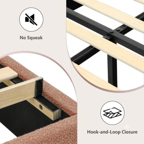 REVOMINCA Upholstered Platform Bed Frame, Boucle Queen Bed Frame with Headboard, White Bed Frame, Soft Rounded Corners, No Box Spring Required, Easy Assembly, Dusty Rose&White