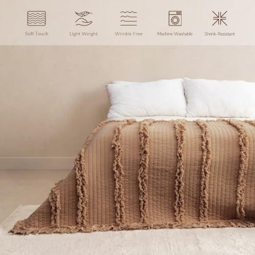 Ultra Soft Pre-Washed Warm Quilted Throw Blanket, Orange Brown Ruffle Fringed Boho Decorative Throw, Stone Washed Chic Rustic Blanket for Sofa Couch Bed Chair, 50"x 60"
