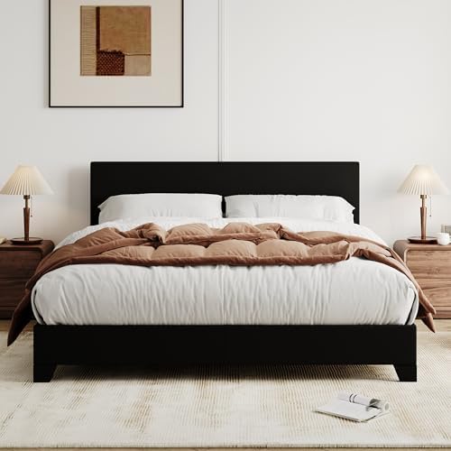 Allewie Full Size Faux Leather Bed Frame, Adjustable Headboard, Black