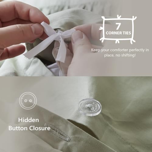 Simple&Opulence Kids 100% Organic Cotton Duvet Cover with Ruffle 88 x 92-3 PCS High End Floral Frill Lace Bedding, Romantic Cottagecore Style Comforter Cover with 2 Pillowcases, Sage Green, Queen
