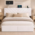 Queen Bed Frame with Adjustable Headboard, White Velvet Upholstered