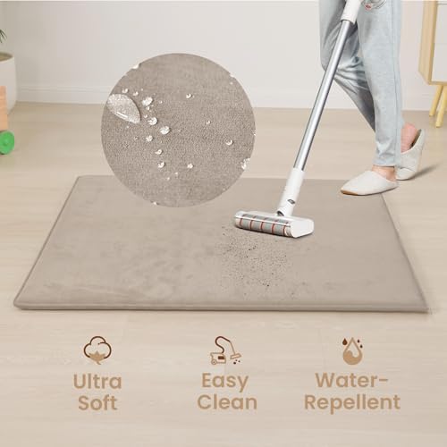 Baby Play Mat for Floor,Extra Large 59"×71" Playpen Mat for Tummy Time,Thicker Padded Elasti Foam Activity Mats,Water Repellent Ultra Soft Velvet,Non-Slip Backing Safe(Beige)