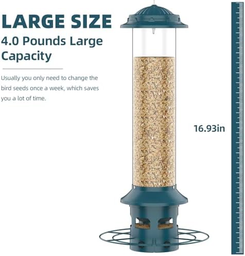 Metal Squirrel Proof Bird Feeders for Outdoors Hanging 4.0 LB Large Capacity,Easily Beat Squirrels,Easy to Clean and Fill,Waterproof,Attracting Finch,Cardinal,Chickadee and More