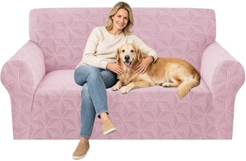 ZNSAYOTX Stretch Couch Cover, 1 Piece Sofa Covers for 2 Cushion Couch, Jacquard Loveseat Slipcovers with Elastic Bottom Thickened Furniture Protector for Dog Cat Pet (Medium, Dusty Pink)
