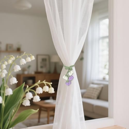 Flower Curtain Tiebacks, 4pcs Lily-of-The-Valley Curtains Holdbacks, Cute Curtain Holdbacks - No Drill Rope Holder, Drape Knitting Handmade for Nursery&Children's Room Decor (Purple/White)