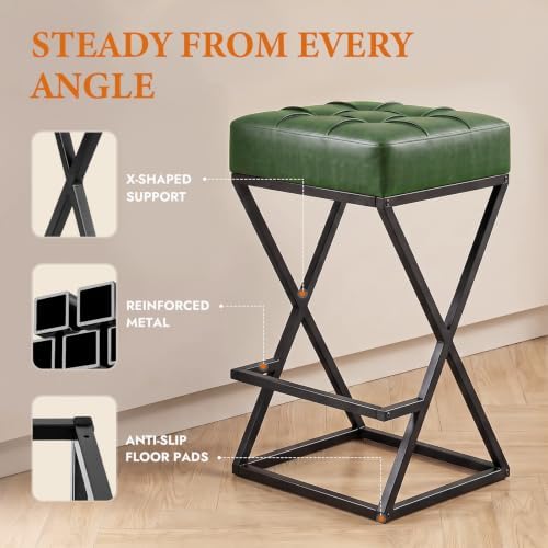 Bar Stools Set of 4, 26 Inch Counter Height Stool Faux Leather Green