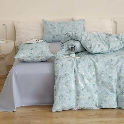Blue Grey Flower Duvet Cover Set 100% Cotton Queen(90"x90"),White Daisy