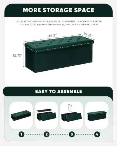 B FSOBEIIALEO Storage Ottoman Bench, 43" Velvet Ottoman With Storage, Green