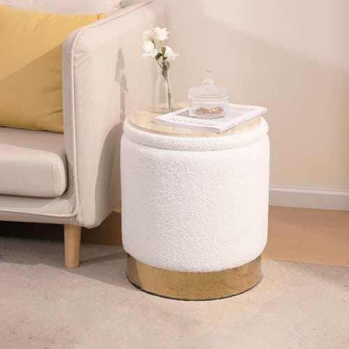Round Ottoman with Storage, White Teddy, Set of 2